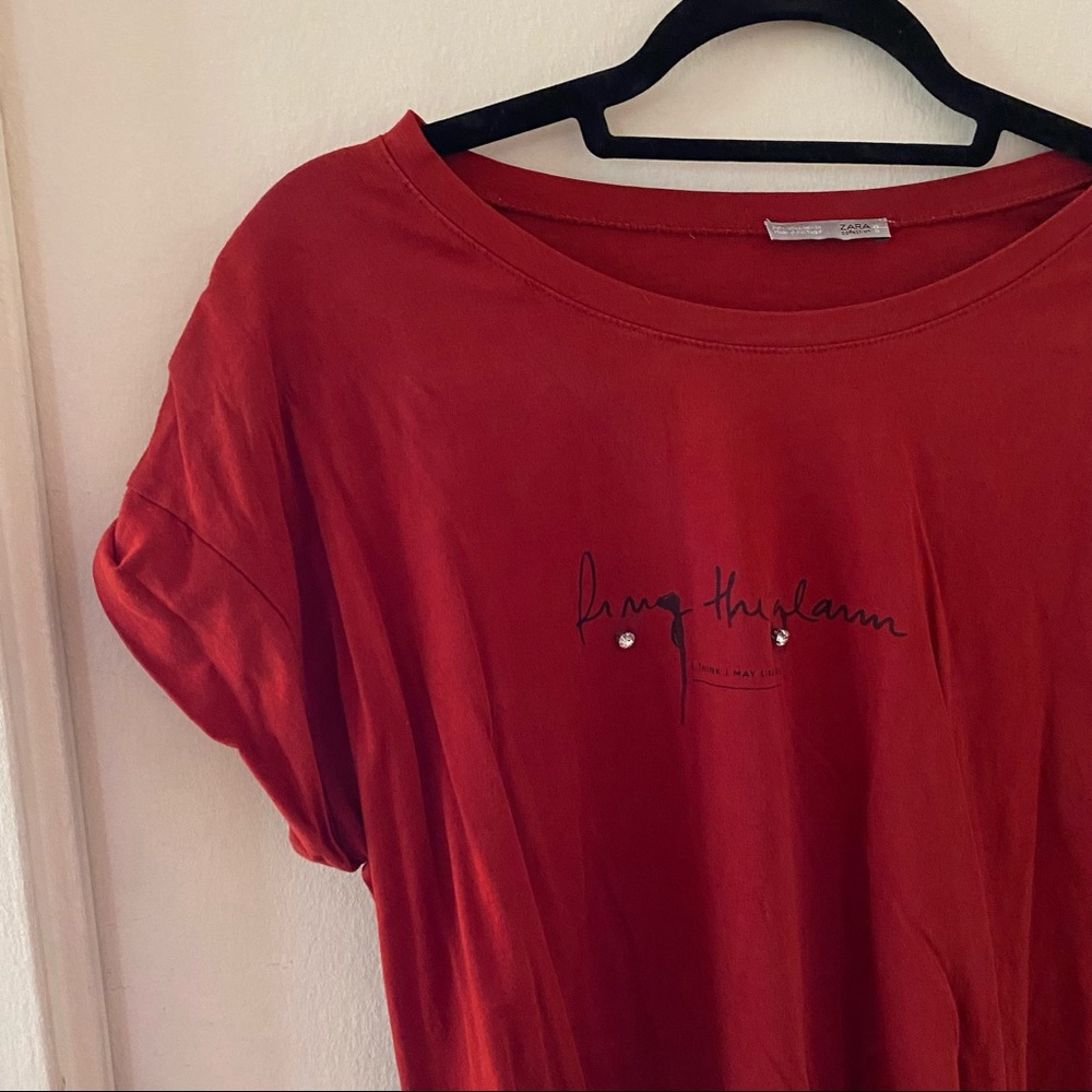 Zara Red “Bring the Glam” T-shirt with Rhinestone Accents